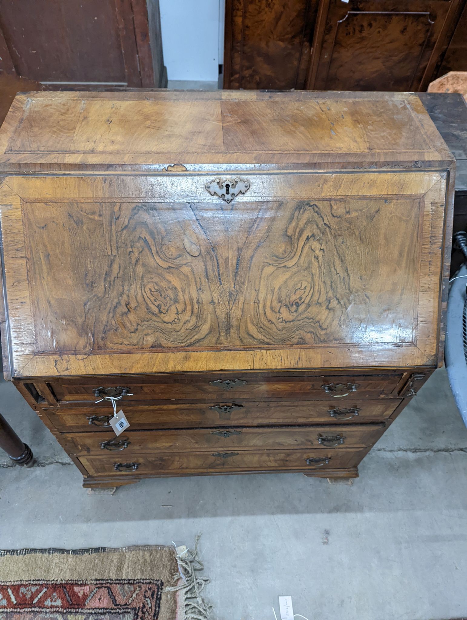 A Queen Anne revival walnut bureau, width 82cm, depth 52cm, height 101cm